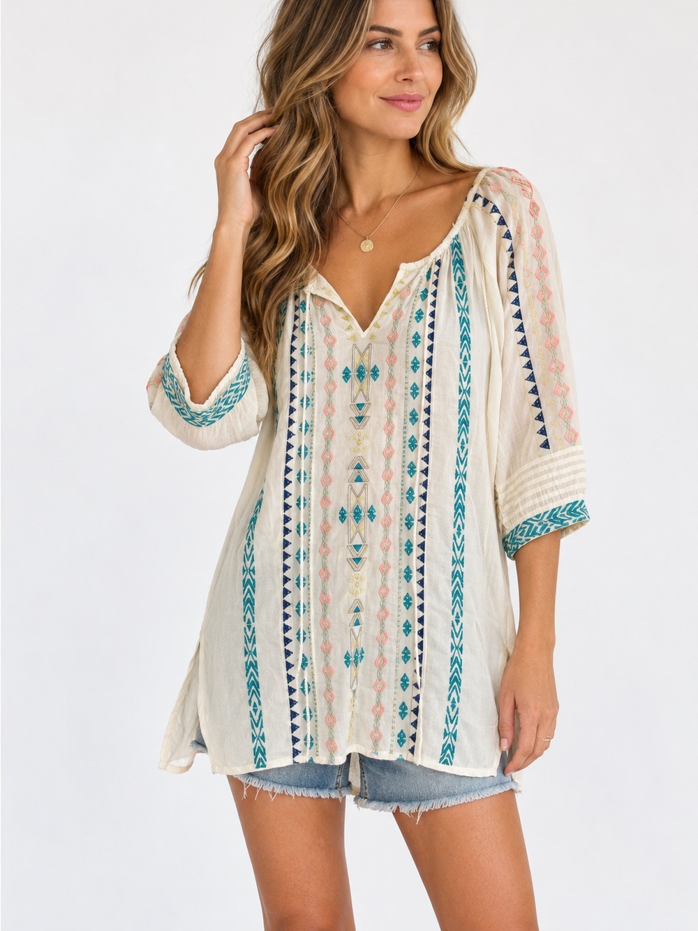 Johnny Was Embroidered Boho Tunic Top XL Ivory Multicolor